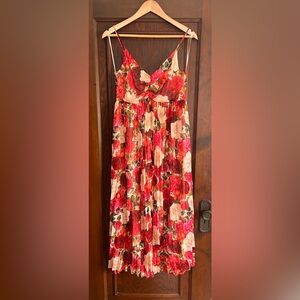 Moon River Red and Pink Pleated Midi Dress